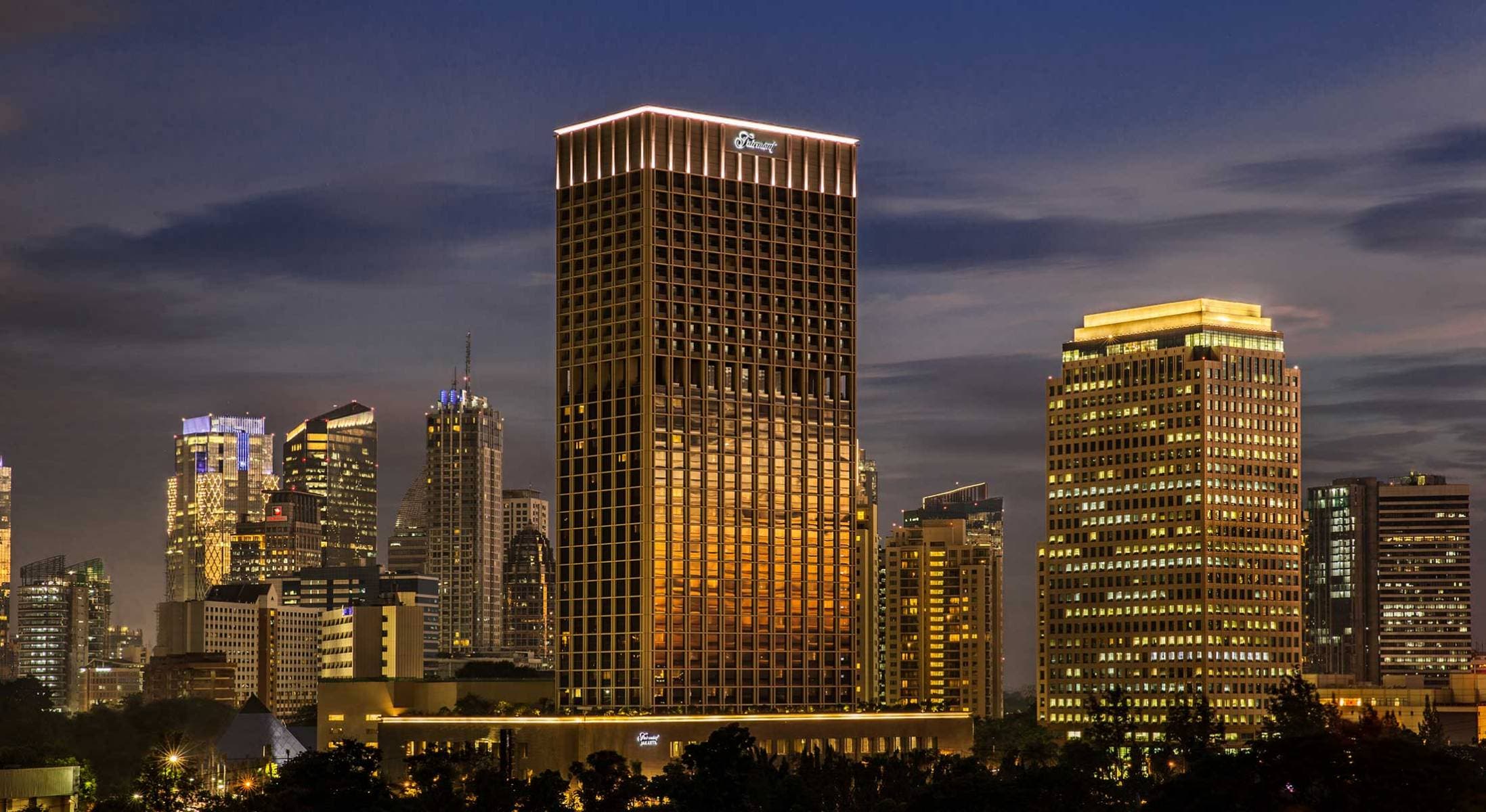 Fairmont Jakarta exterior at dusk